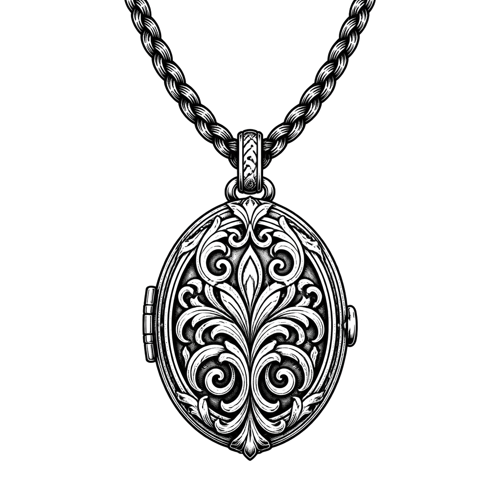 A carved locket hanging on a braided cord