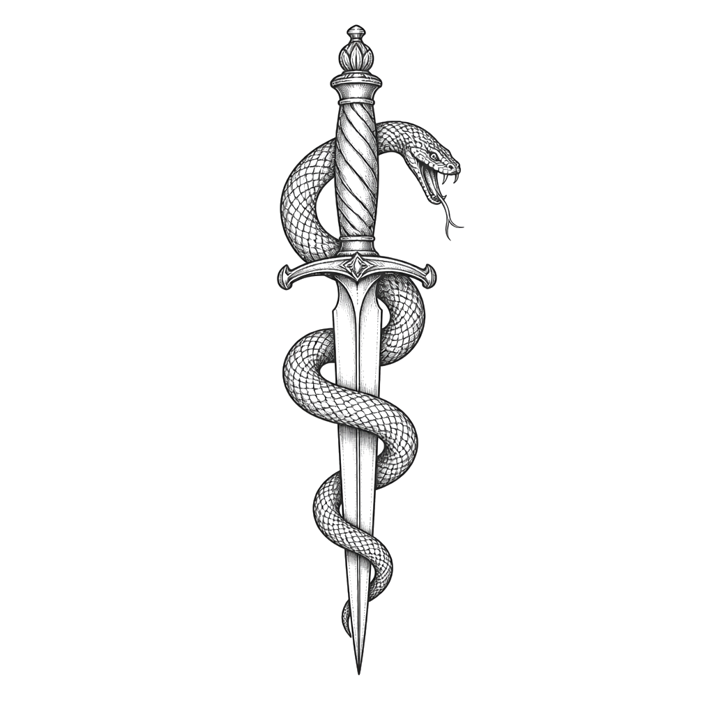 A serpent coiling through a dagger, single-needle lines
