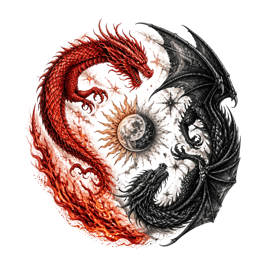Un dragon rouge avec la queue en flamme et un dragon noir un peu différent avec des ailes, placé à l’envers comme le ying et le yang, avec au milieu des deux dragons une lune et un soleil