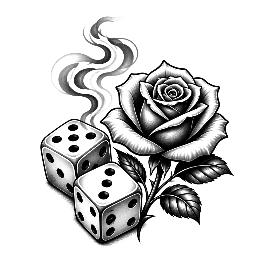 A pair of dice beside a smoking rose