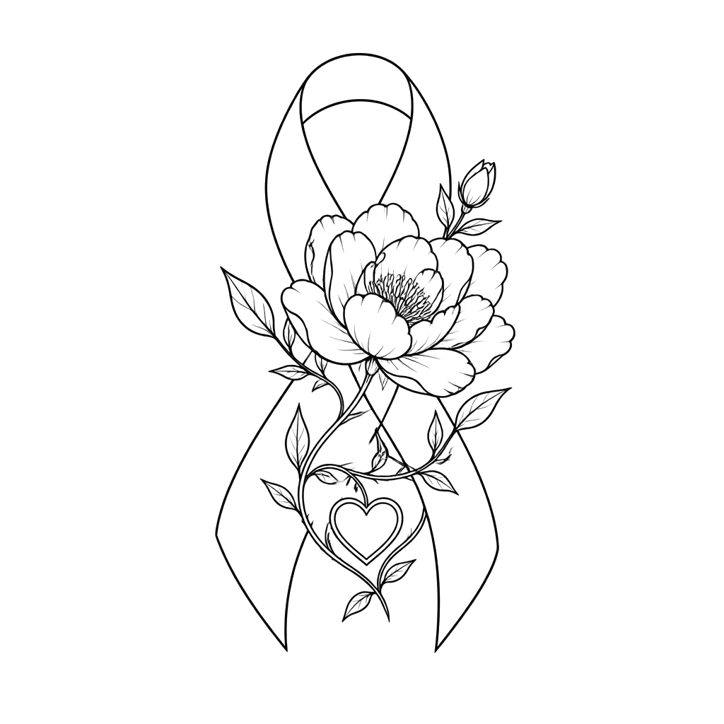 A breast cancer awareness ribbon entwined with a resilient blooming flower and a small survivor’s heart.