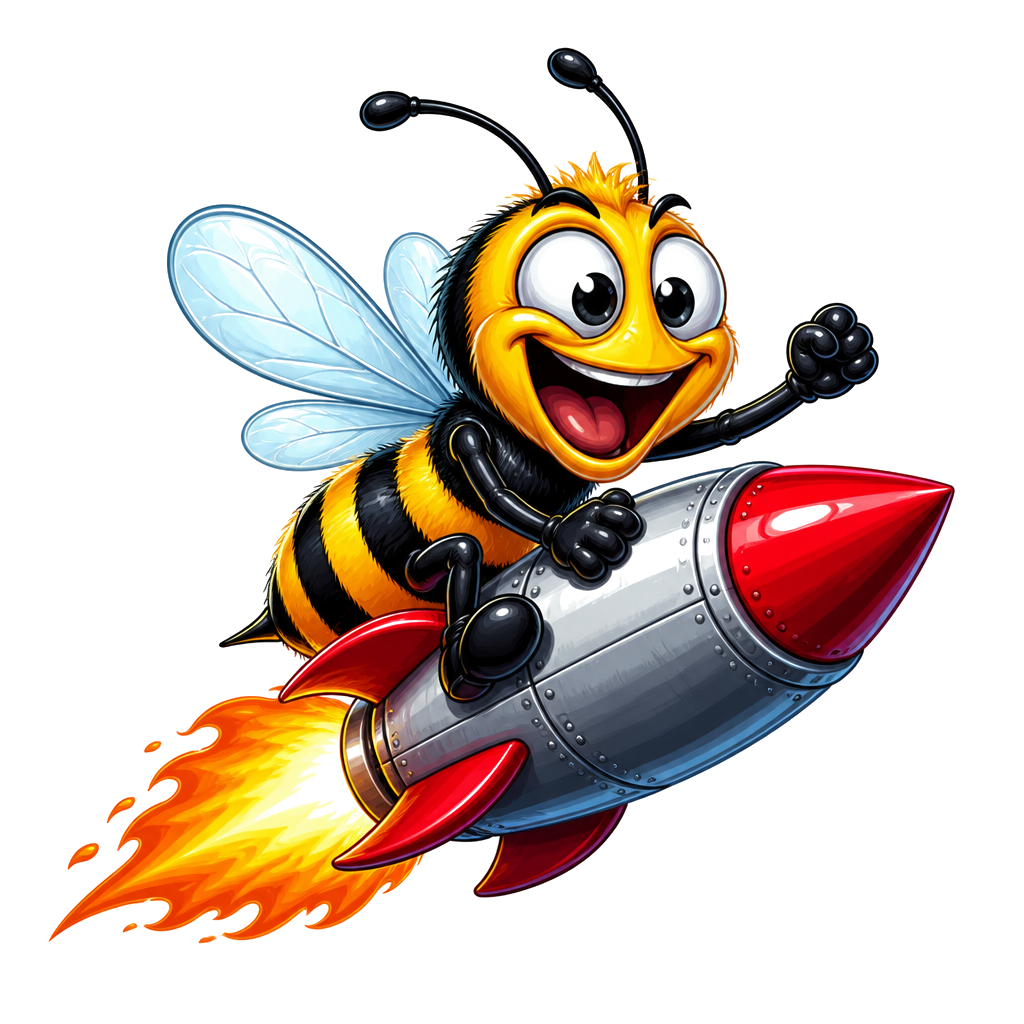 A hyperactive cartoon bee riding a rocket