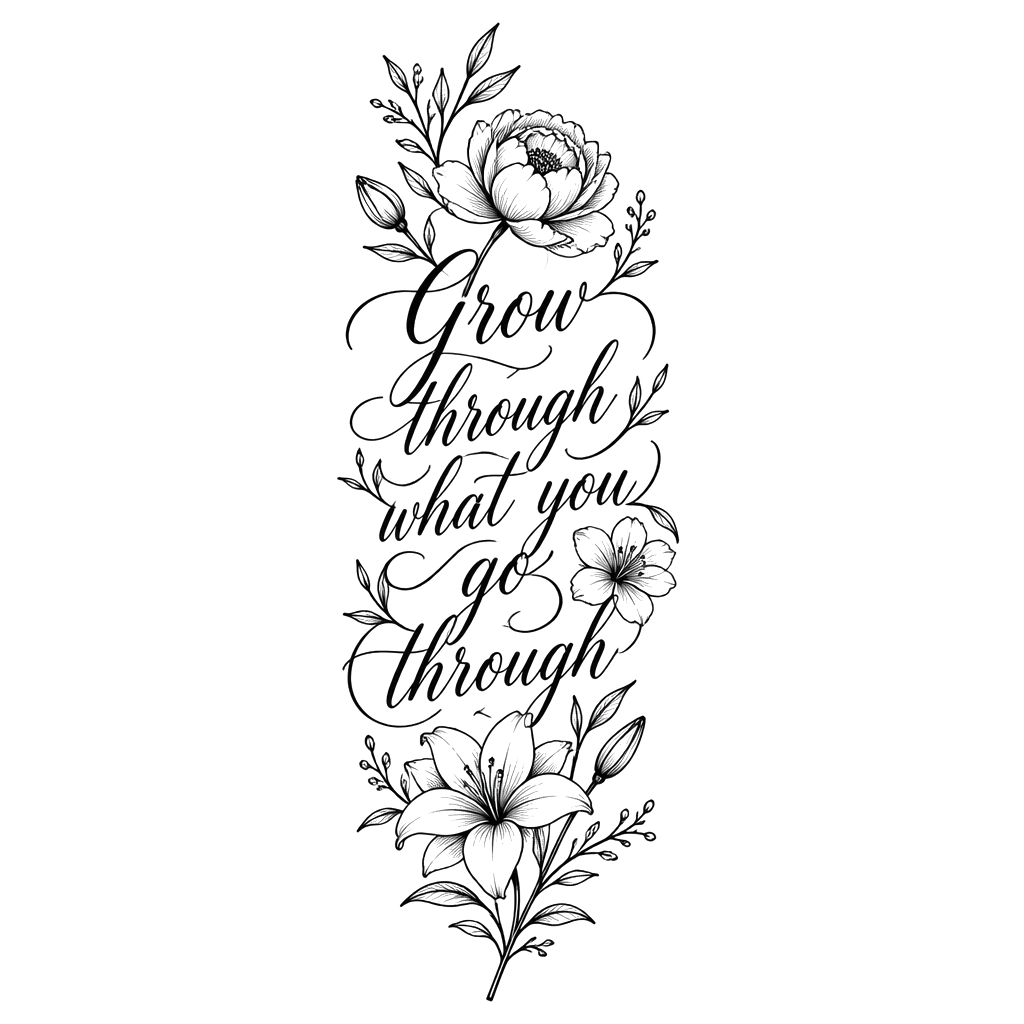 “Grow through what you go through” with flowers along forearm