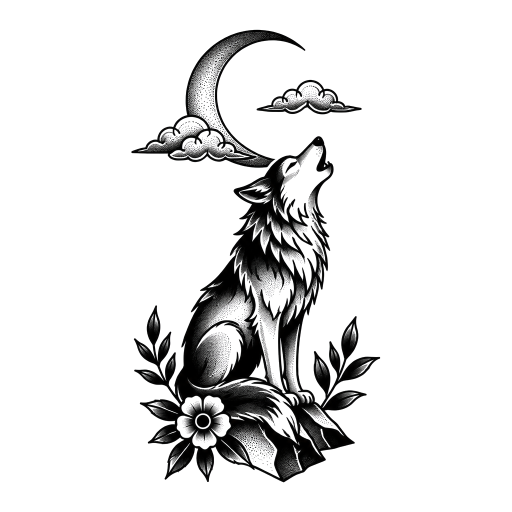 A wolf howling at a crescent moon, lots of negative space