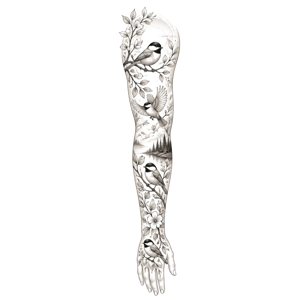 A half arm or half leg sleeve that is centered around a chickadee bird theme, not super bold or dark just cute but also draws attention in, now can you turn this into a full arm sleeve