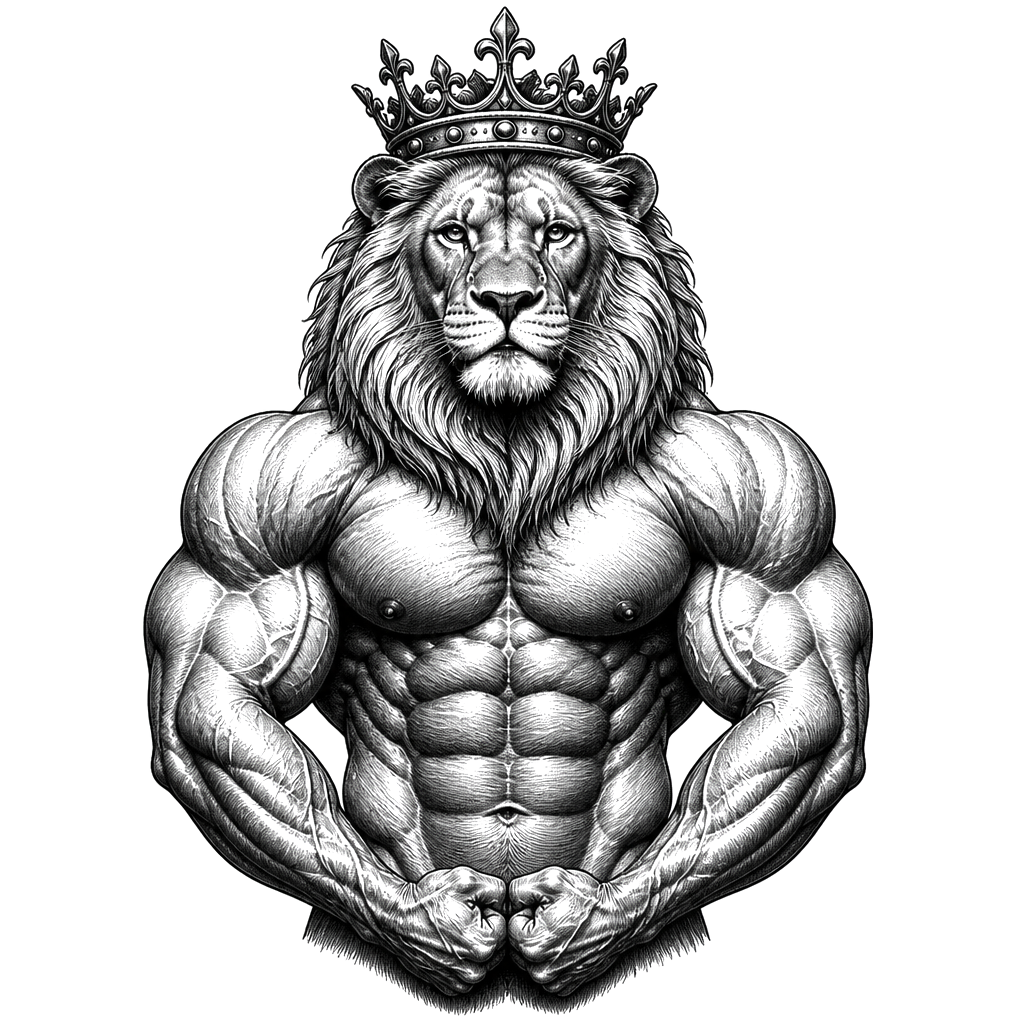 Lion brave muscular with crown of a king who is a bodybuilder.