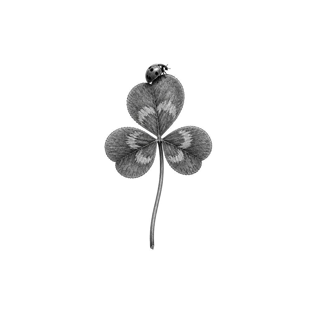A tiny ladybug perched on the tip of a clover leaf