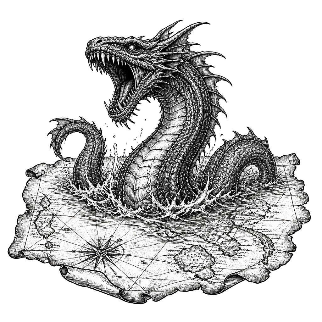 A sea monster rising from an antique nautical map