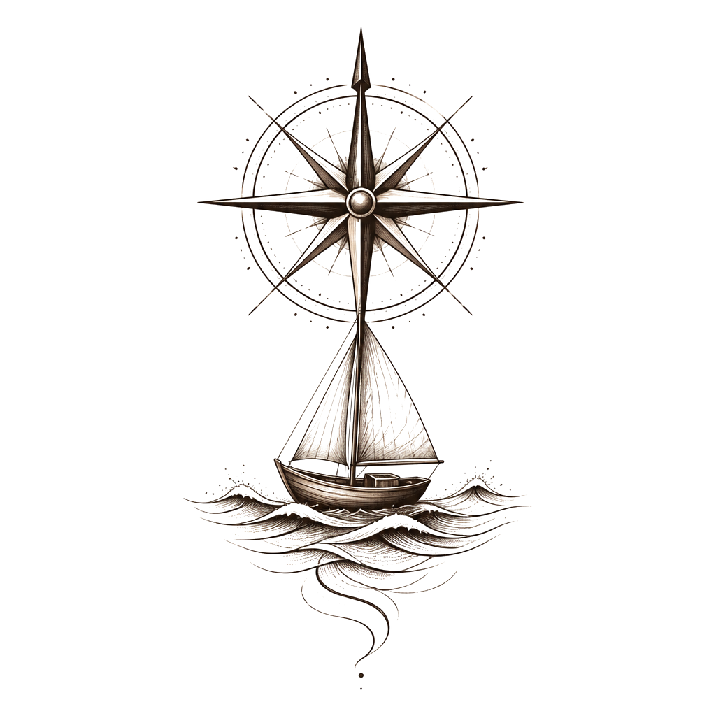 A small wooden sailboat beneath a compass rose, its needle pointing toward a distant horizon, with gentle wave lines suggesting summers shared and guidance enduring.