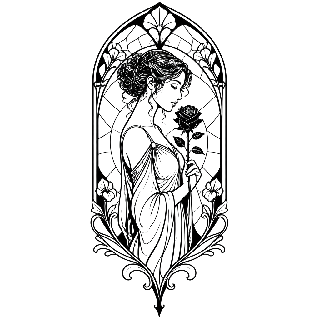 A woman in a stained-glass arch holding a single black rose