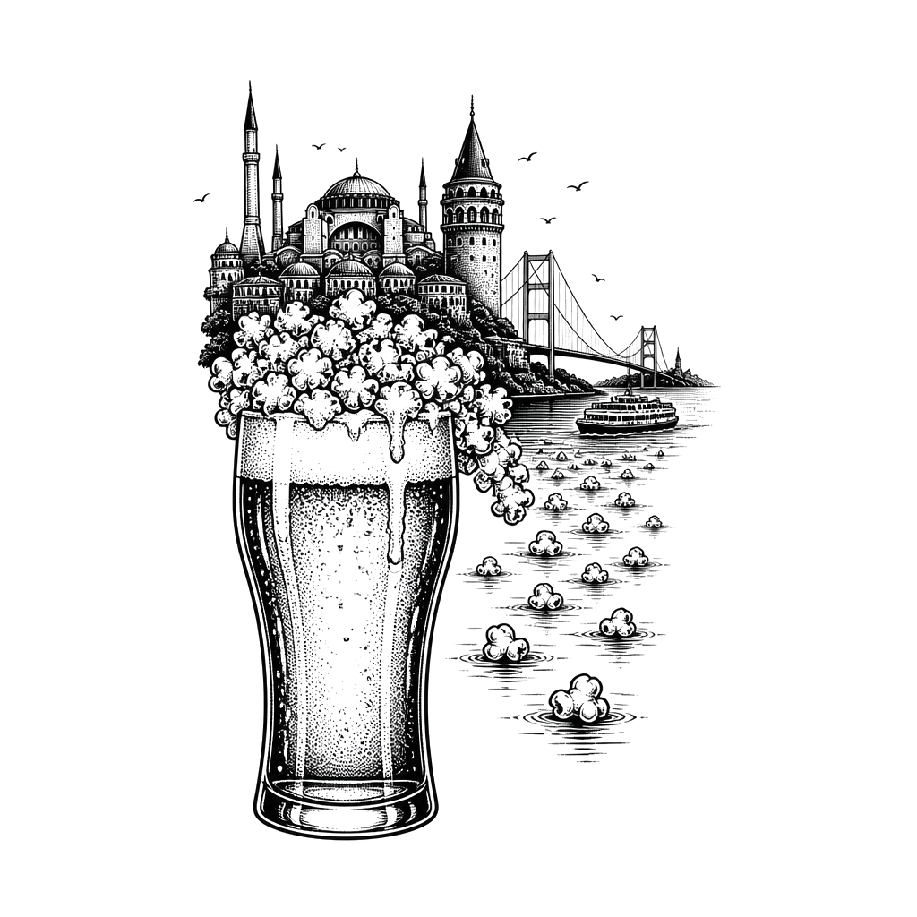 Istanbul skyline rising from a beer glass, with popcorn spilling into the Bosph…