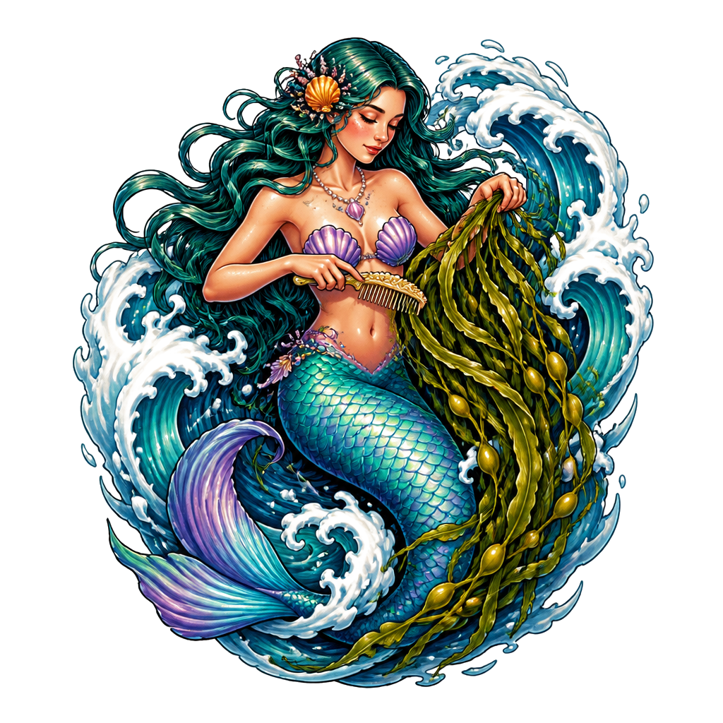 A mermaid combing kelp in a rolling tide