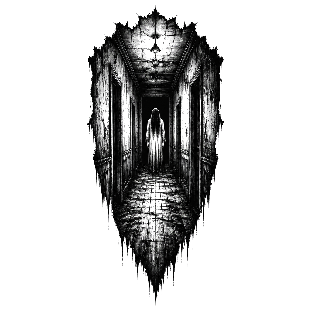 A pale figure at the end of a long hallway