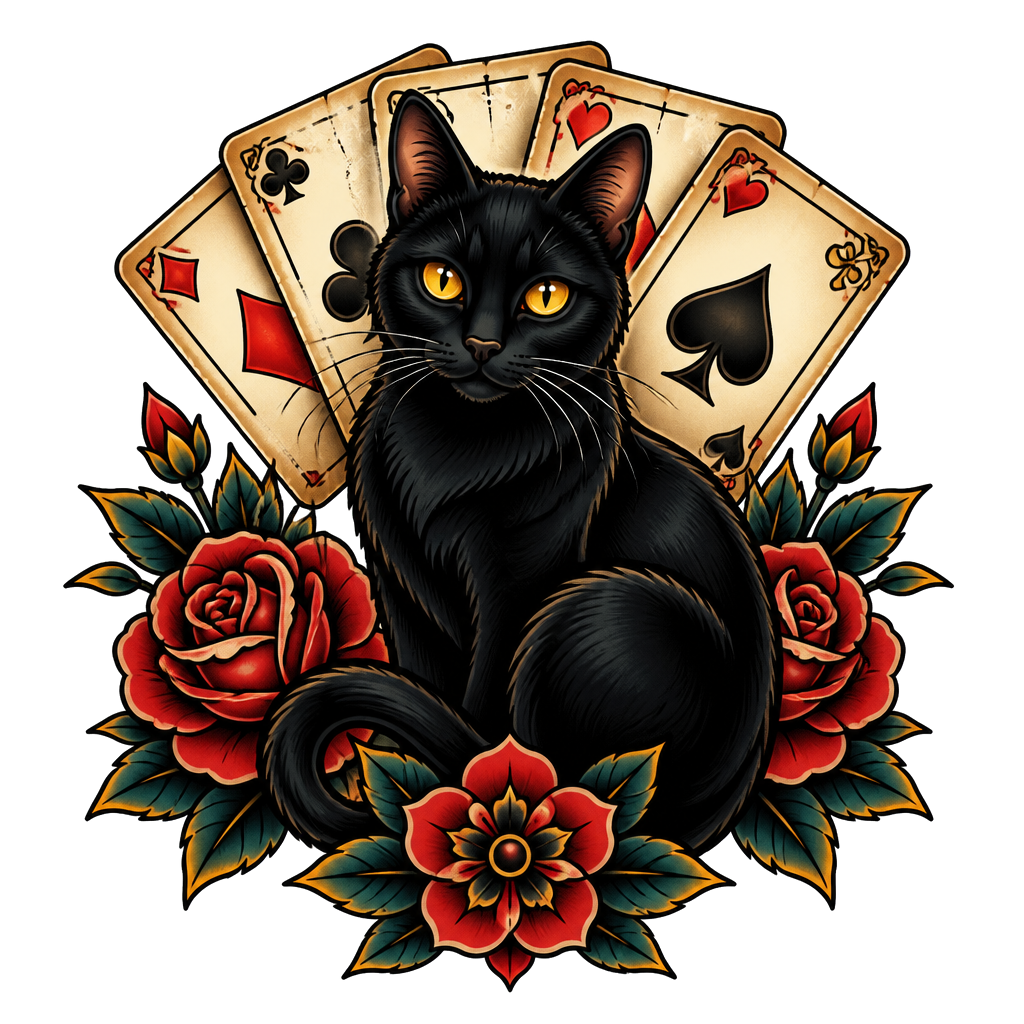 A fanned hand of cards behind a black cat