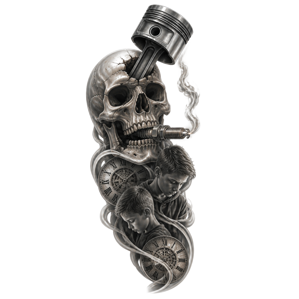 Scull with piston shooting through his scull spark plug out his mouth like a cigarette. I have to boys 9 and 12. Maybe get clocks with there birthdays all down my arm grey and black sleeve
