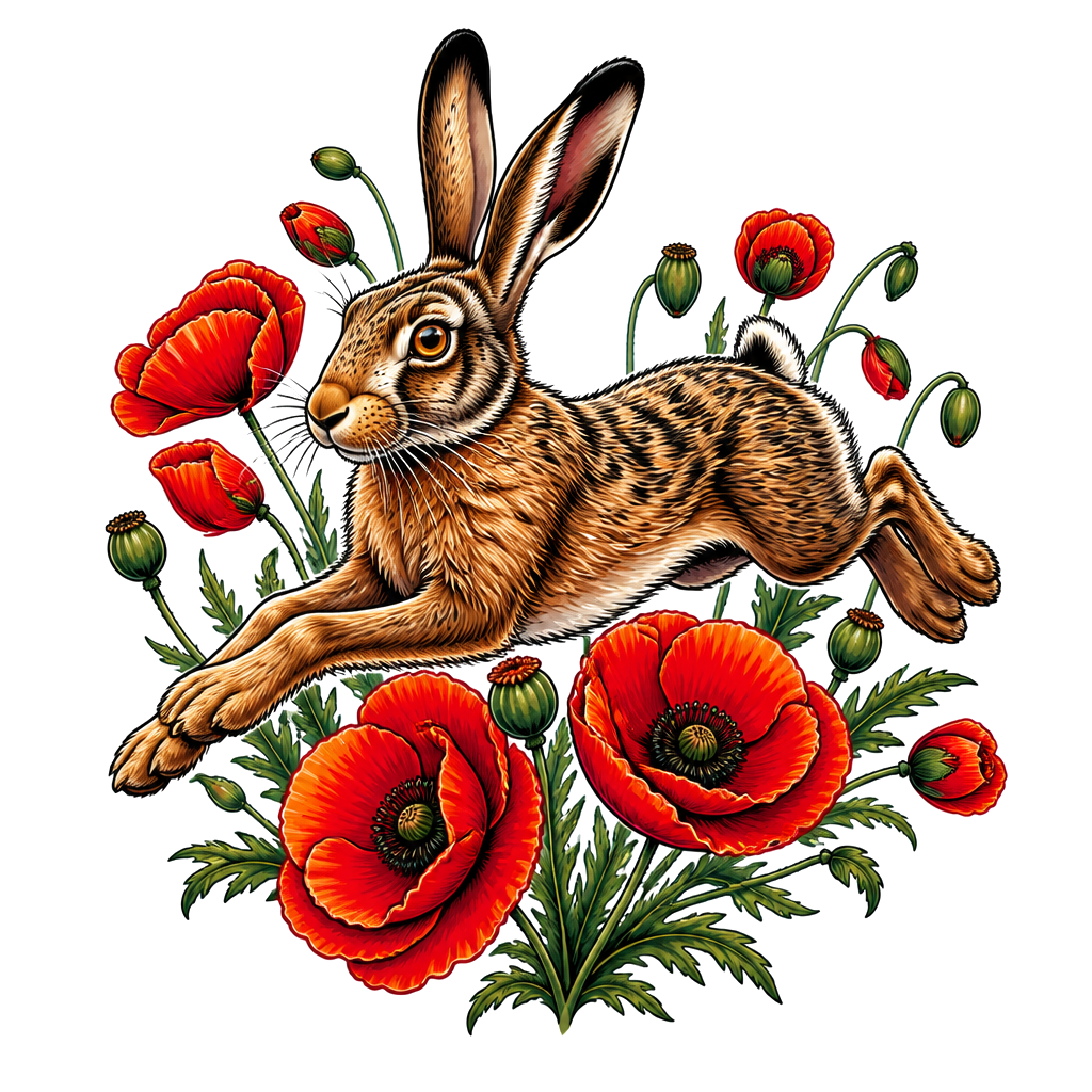 A hare bounding through a field of poppies