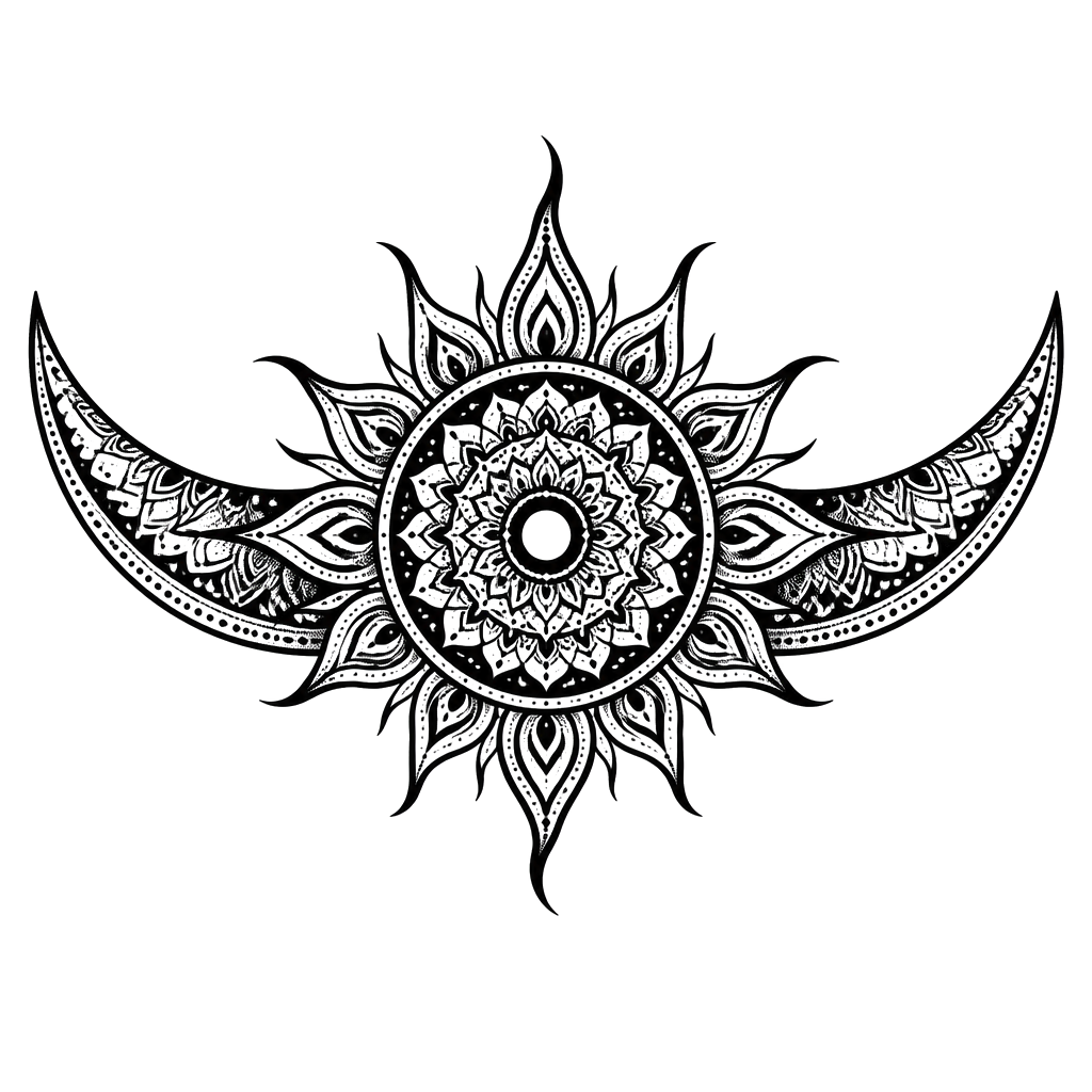 A mandala sun with two crescent wings sweeping outward