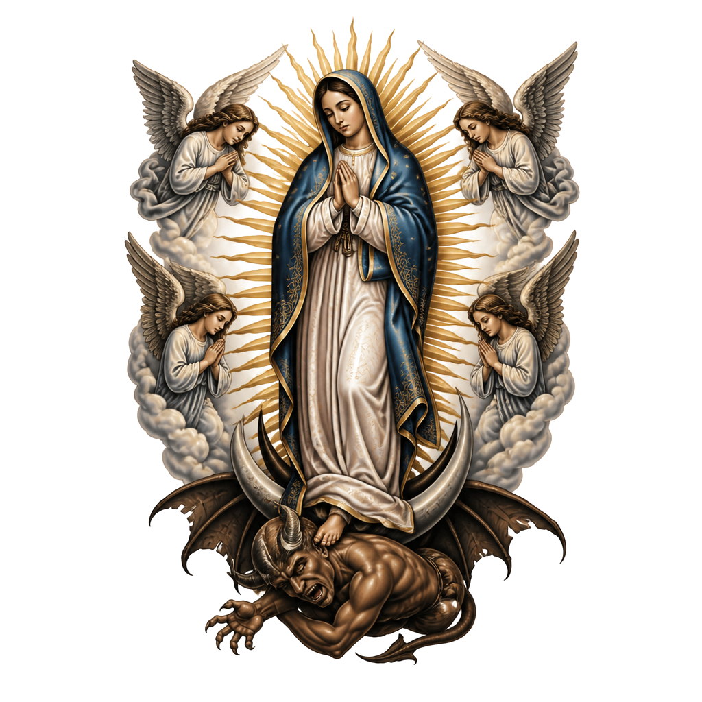 Real Bible picture of the Virgin Mary. Standing on b the devil. With angels watching over her