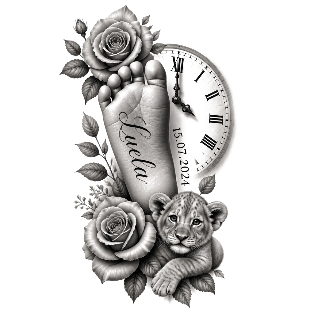 Baby’s foot but more realistic with Luella name in it then date of birth next to the foot with half a clock blended in  with the time showing ten o’clock on it and some rose around it all in black and a baby cub