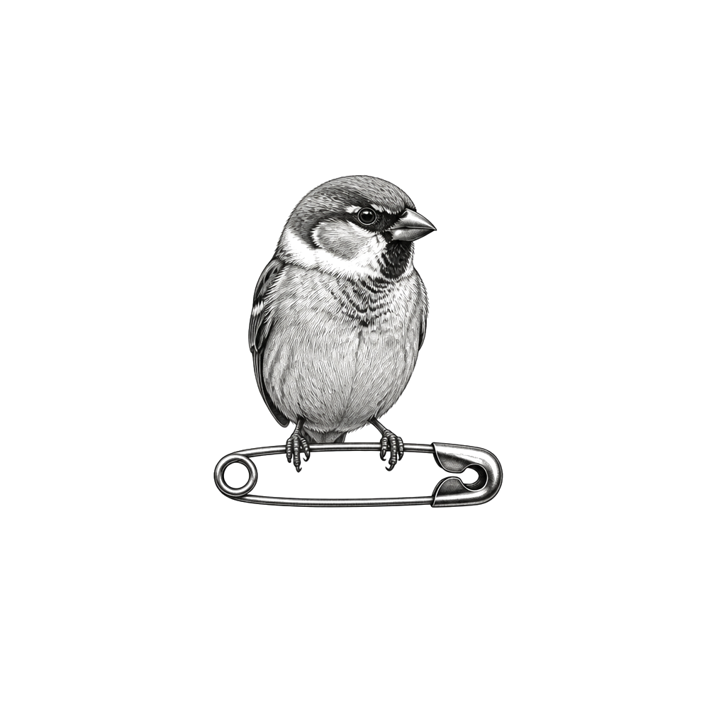 A tiny sparrow perched on a safety pin