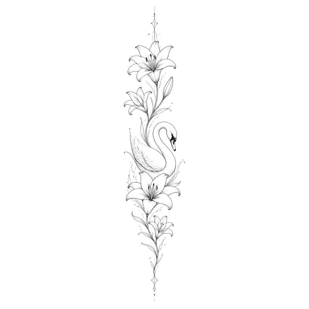 Make me a design of a fineline spine tattoo. I want it mostly central and I want it to include a lily flower (or multiple) and a swan (or multiple)
