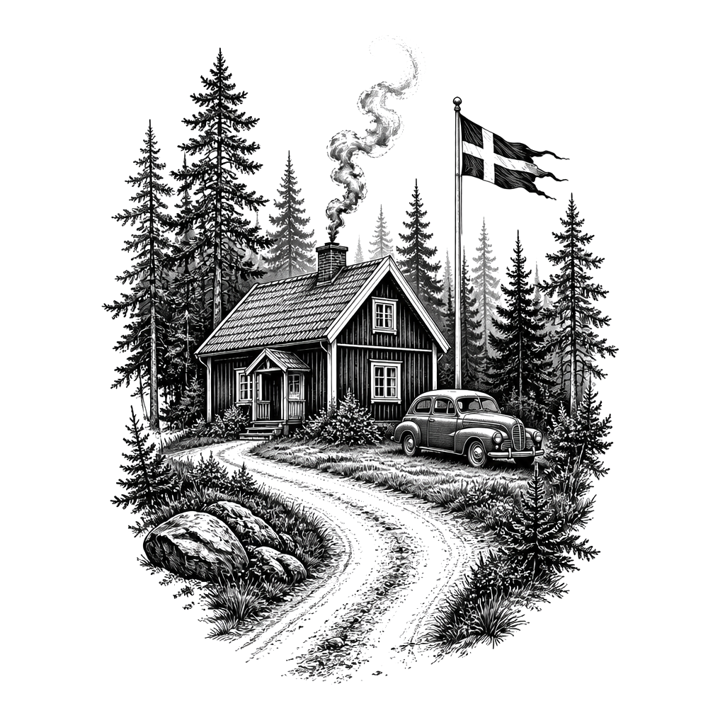 A forest with a house thats typical from swedens Wood and a old car next to the house and a flagpole with swedish flag and smoke coming from the chimney and a road coming the house