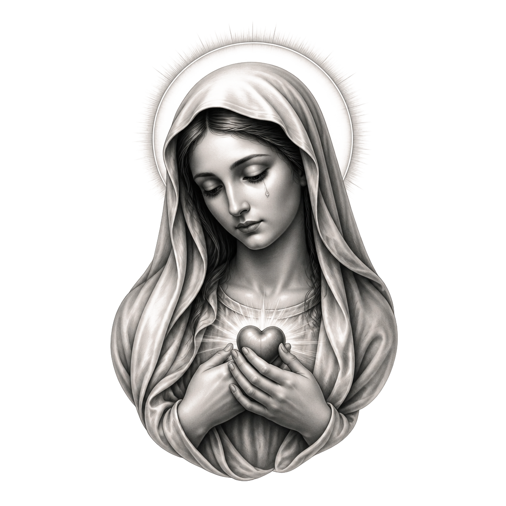 Serene Virgin Mary portrait with downcast eyes, subtle halo, and a single teardrop cradling a small heart.