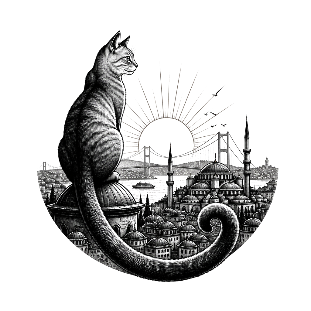 A cat perched on Istanbul’s skyline, its curling tail framing a rising sun behind the domes and bridge.