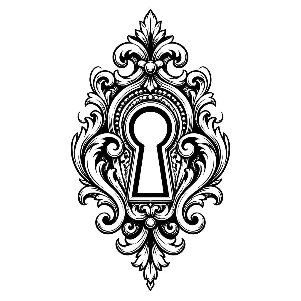 An ornate keyhole framed in filigree