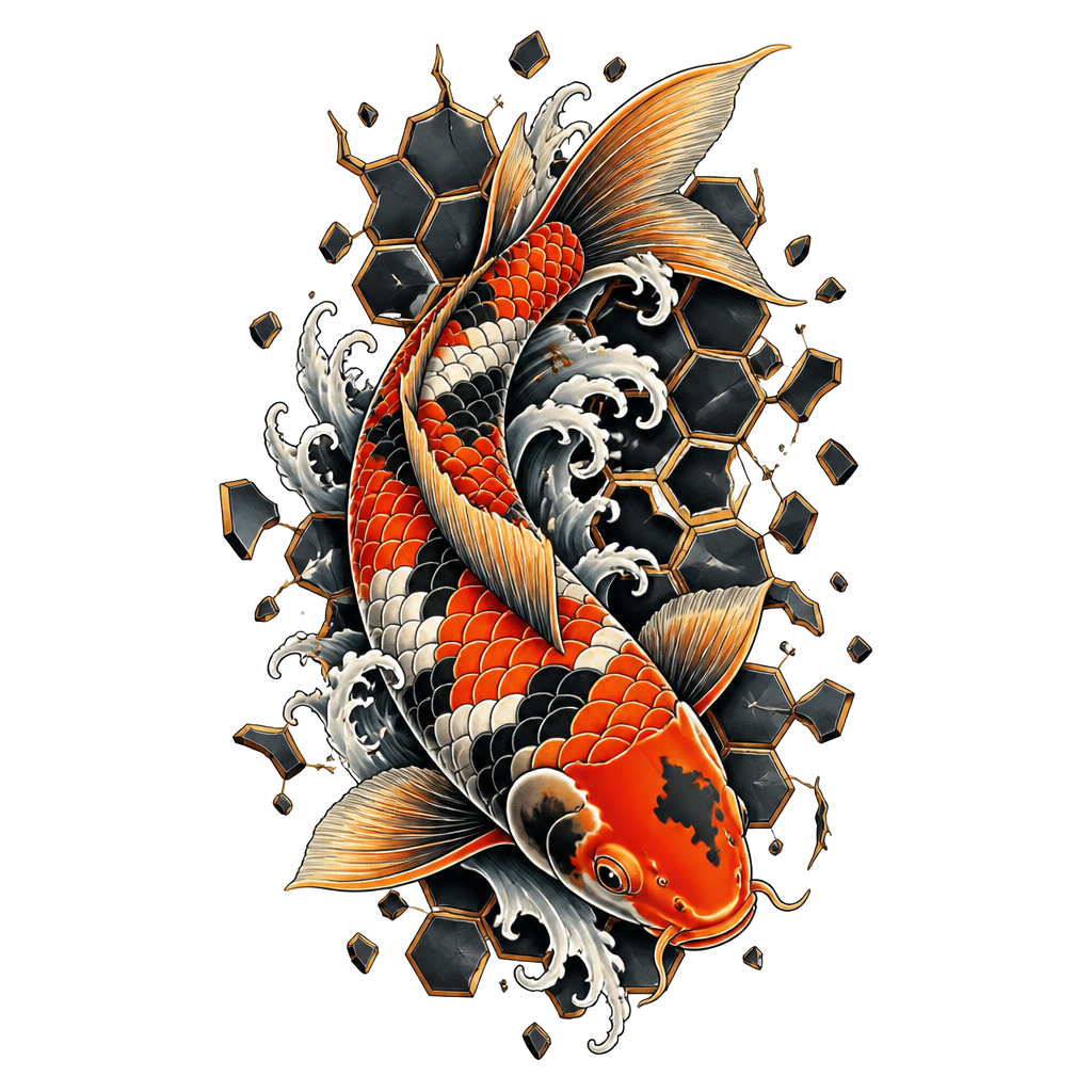 A koi curving through a shattered hexagonal grid