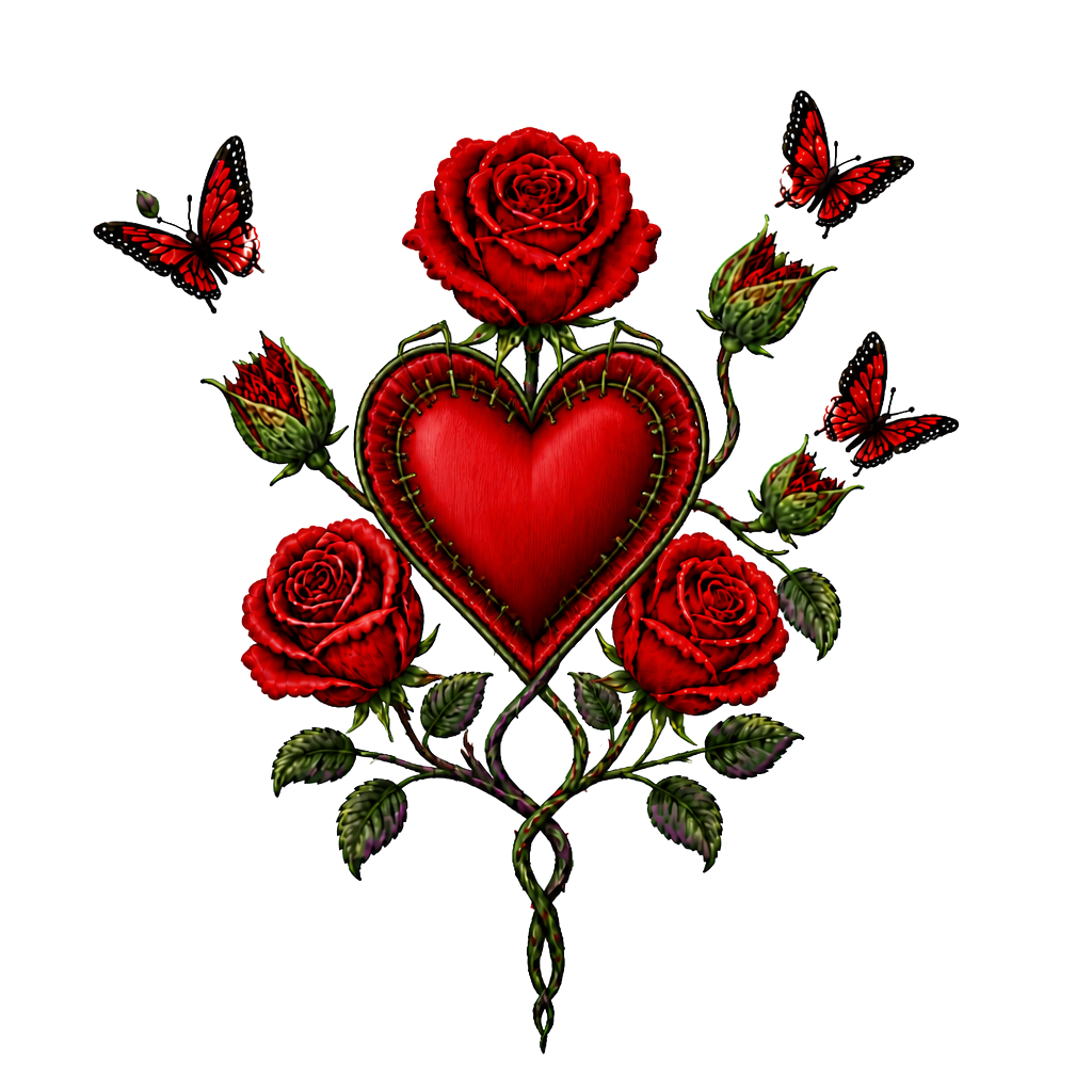 1 rote Rose, 1 geschlossene Rose wo ein Schmetterling entsteht,2 geschlossene Rosen an einen Strang wo aus den geschlossenen Rosen Schmetterlinge entstehen, 1 lila Rose und 1 rote Rose. Alles zusammen mit den Namen Fabian und Dèsirèe verbunden