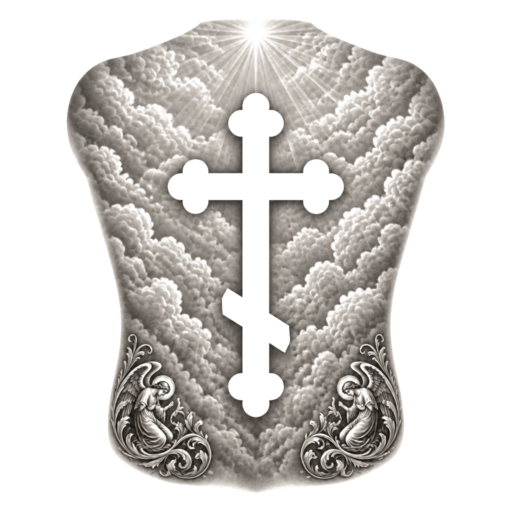Full back piece with a Christian orthodox cross tattoo in negative space. I want sunrays to border the top and upper corners. Add two other smaller pieces in both lower corners. Keep simple