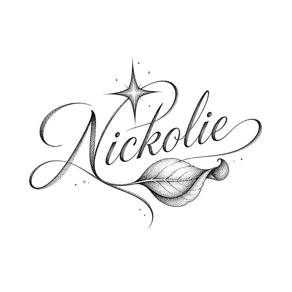 “Nickolie” in flowing script, entwined with a small star and a single unfolding leaf.