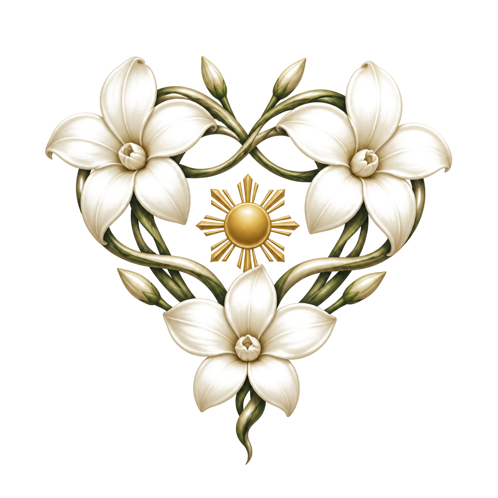 Three interwoven sampaguita flowers forming a subtle heart, with a small Philippine sun at the center and flowing lines suggesting an unbreakable family bond.