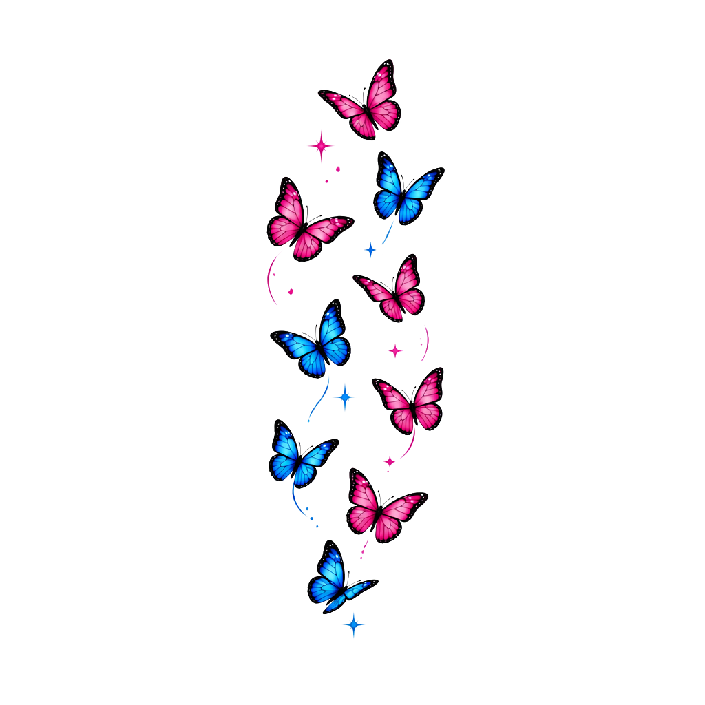 Draw me a tattoo with nine small butterflies, and five of them being pink and four of them being blue. These will need to go small because they are going on a females upper arm.