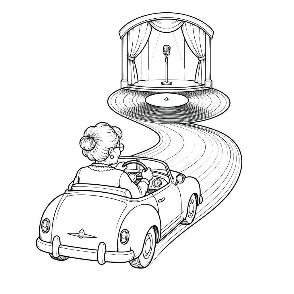 Grandmother driving a car along a winding road that becomes a vinyl record groove, leading toward a stage with curtains and a microphone.