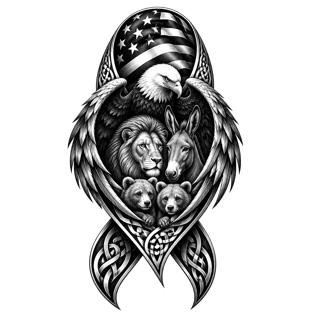 A black shaded cancer ribbon with an American flag a bald eagle, a lion ass and two grizzly Cubs under the protection of the bald eagle