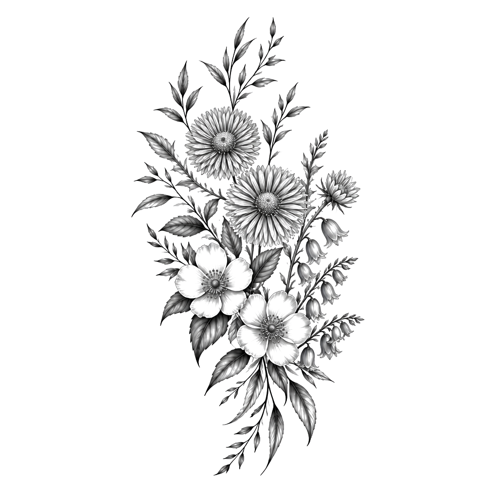 Floral design with three flowers in amongst leaves primarily on my left thigh rising slightly to my hip