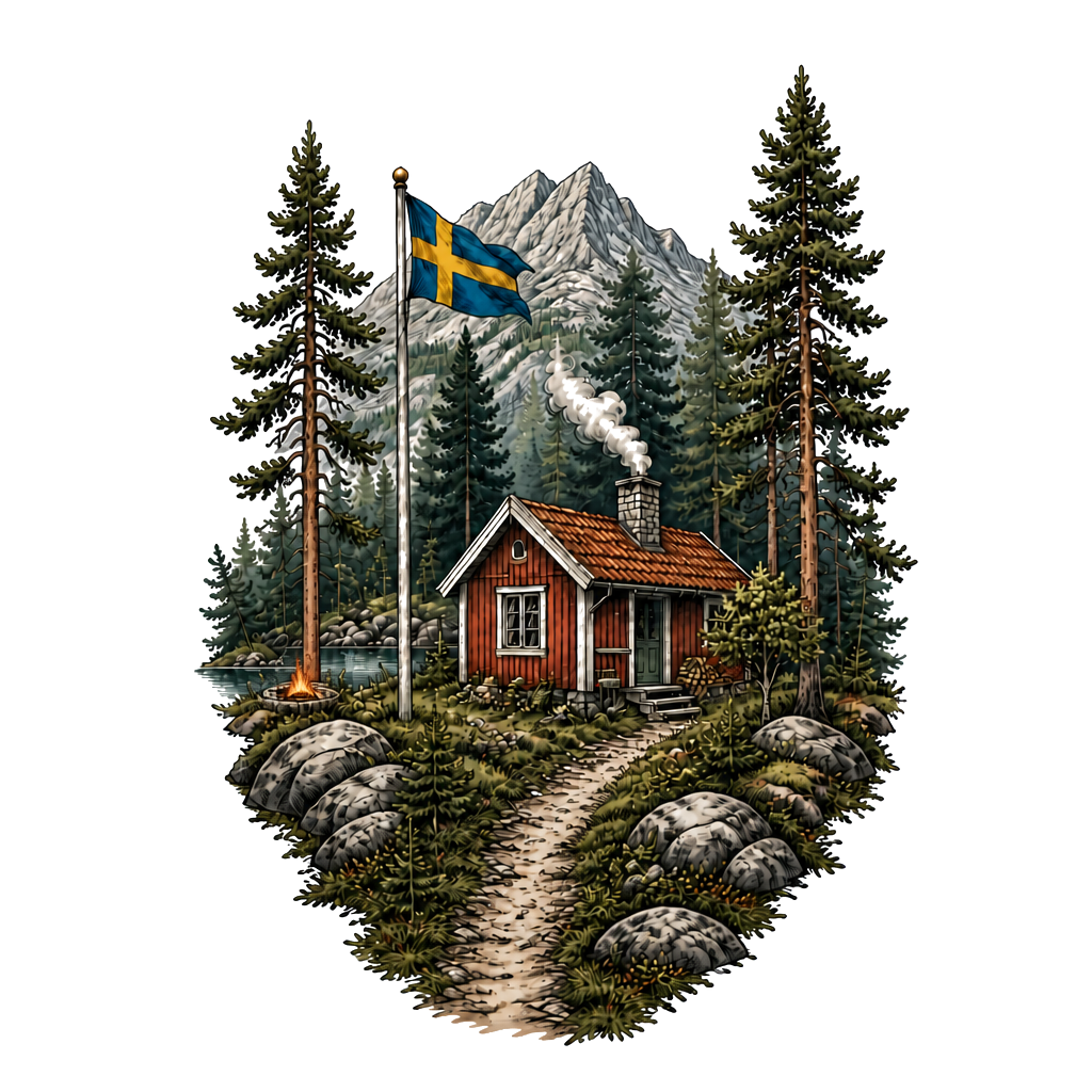 Swedish forest with a little Wood Cabon with a chimney and a flagpole with swedish flag