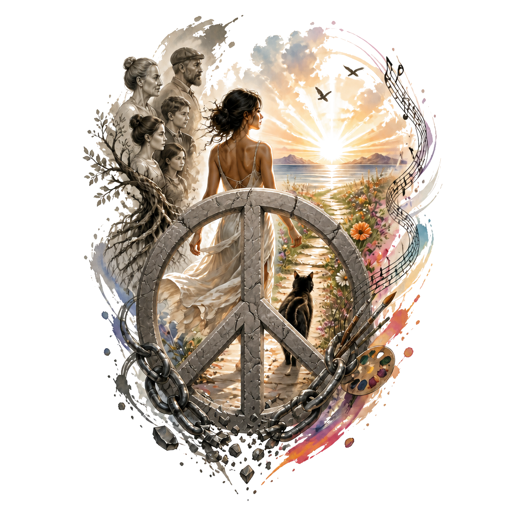 A woman stepping from broken chains toward an open horizon, her black cat beside her; family roots, flowing musical notes, painterly marks, and a blooming path weave around her.
