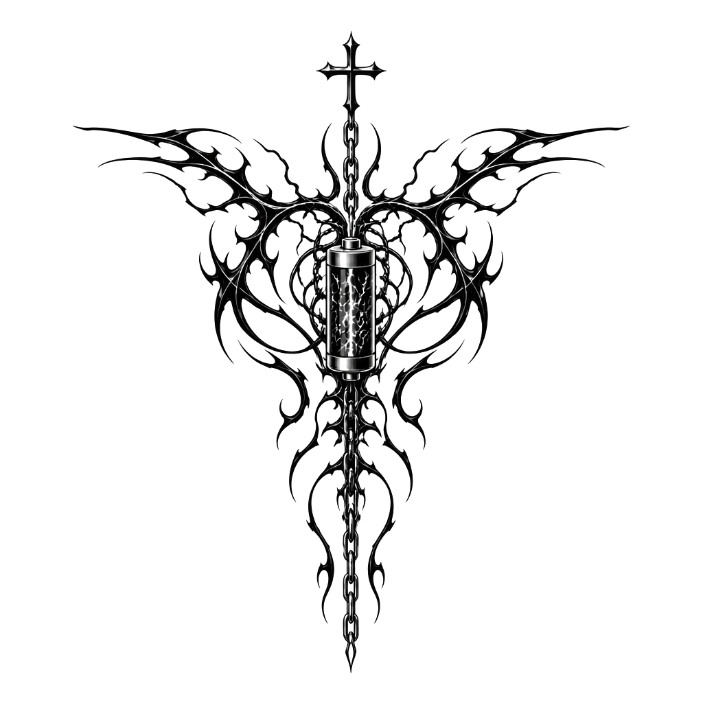 Design me a tattoo for my back that goes from shoulder blade to shoulder blade and these down into the spine with a chain hanging, and a battery powering the tattoo