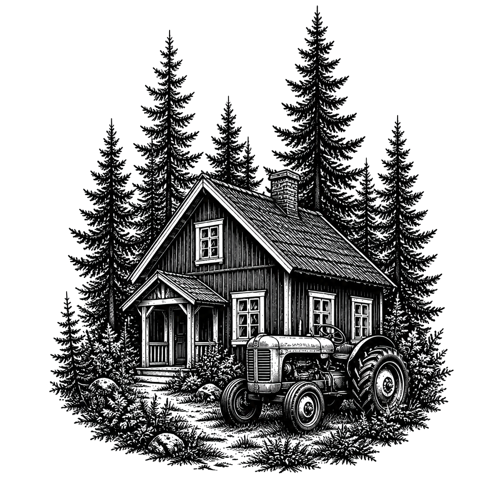 A forest with a house thats typical from swedens Wood and a old tractor next to the house