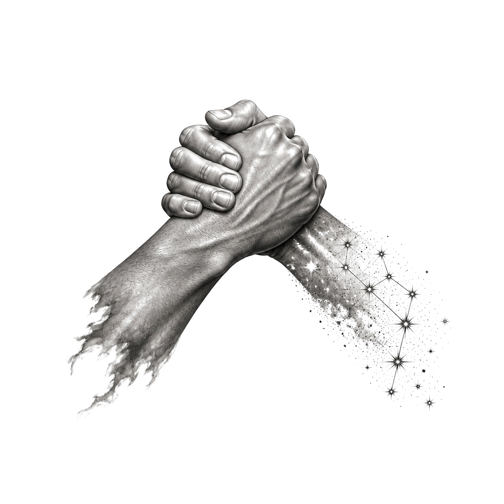 Two interlocking brotherly hands, one fading into a small constellation, with his name and dates woven into the negative space.