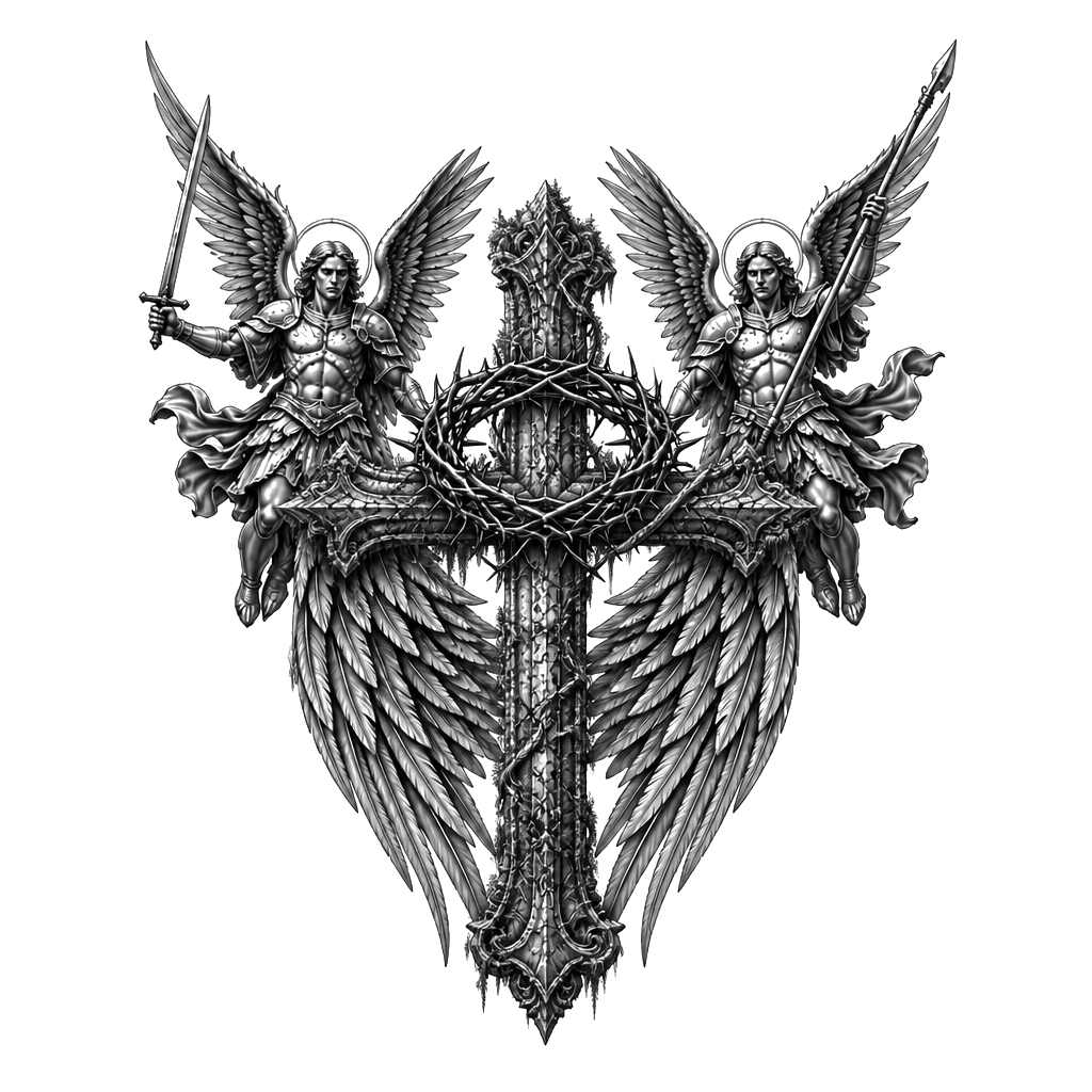 An ancient cross with angel wings behind and a thorny crown on top of the cross and also with an archangel on both sides of the crown, holding weapons
