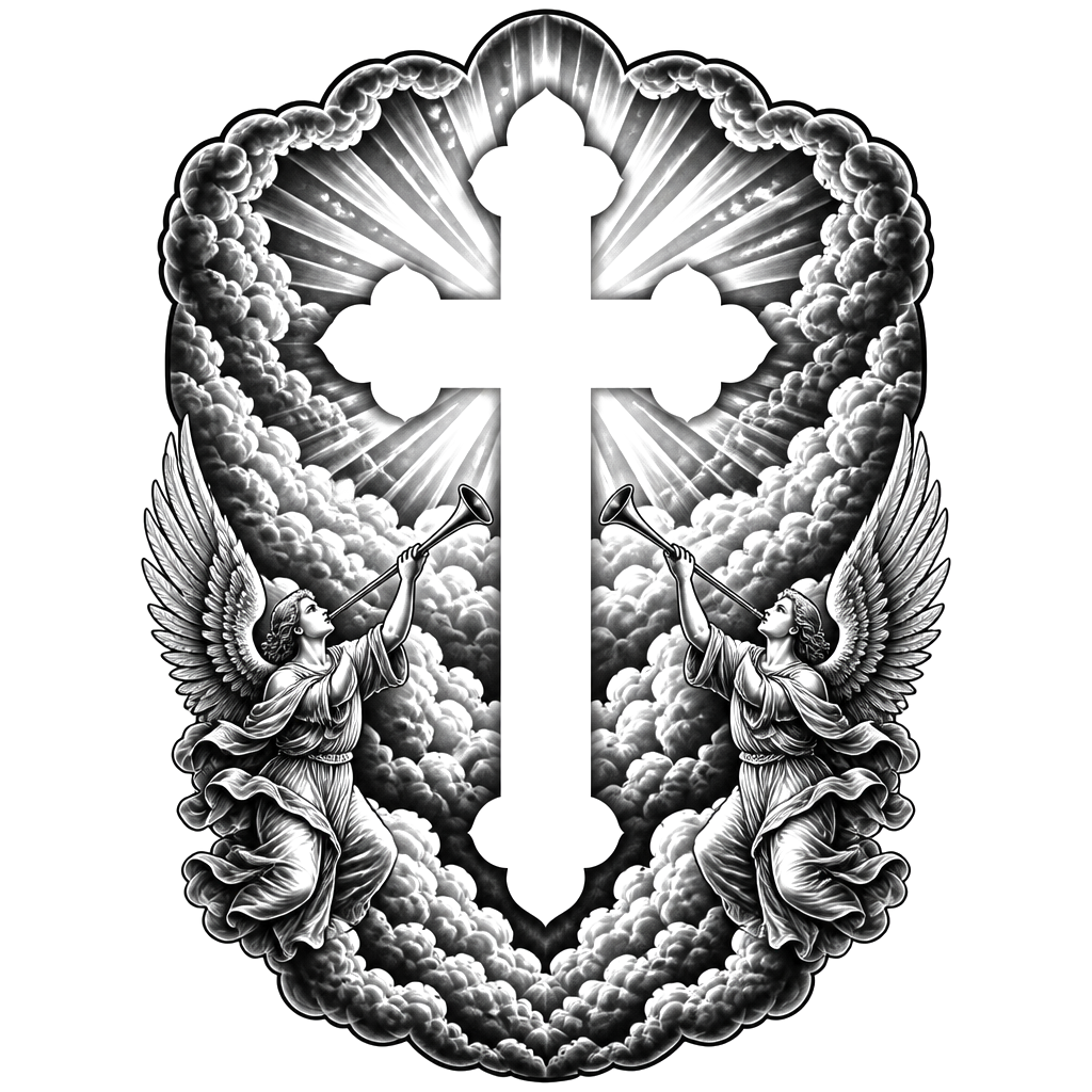 Full back piece. Center piece from bottom of neck to just above waist line being Christian orthodox cross in negative space. Use clouds and some sub rays in the back ground the border around the top. Add two angels blowing trumpets as a piece on either side on the lower corners. Make the cross as big as possible and look good.
