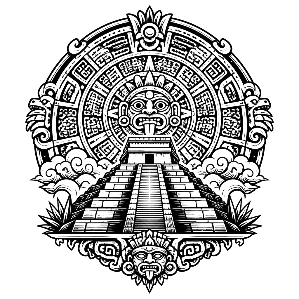 A step pyramid under a glyph-carved sky