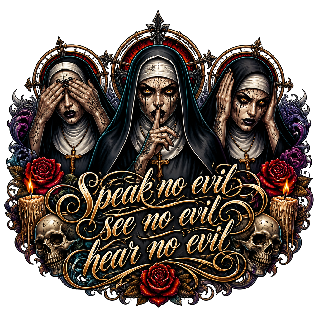 “Speak no evil see no evil hear no evil” with 3 evil nuns behind it and extras (for a man)