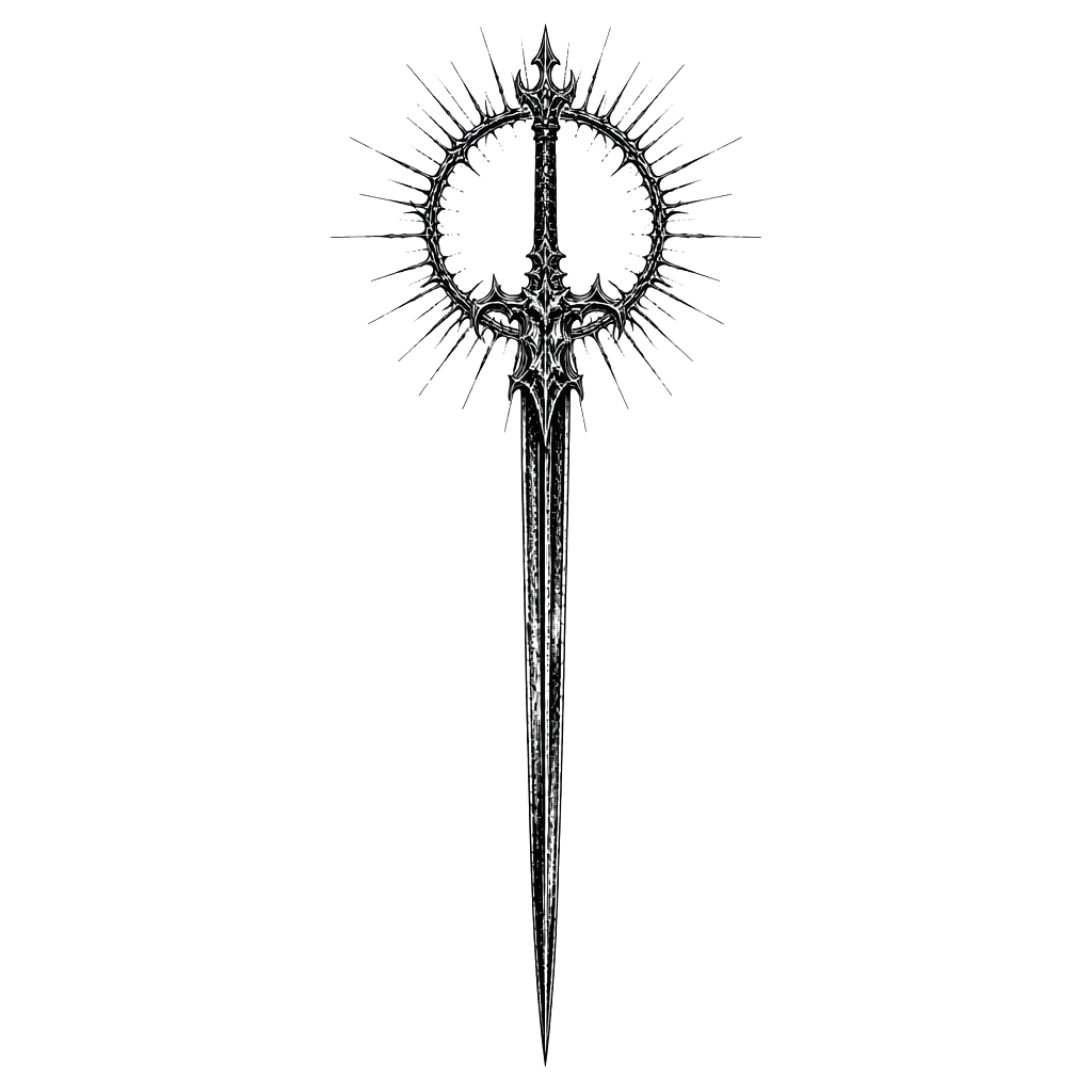 A vertical blackwork tattoo design featuring an ornate, gothic medieval sword viewed straight-on. The sword has an extremely long, narrow, pointed blade extending downward, with a dark distressed ink texture along the blade. The hilt is highly elaborate and symmetrical, featuring sharp, curling ornamental details and small gothic flourishes. Behind the upper part of the sword is a large circular halo made from a rough, thorn-like ring, surrounded by many thin, irregular black rays and spikes