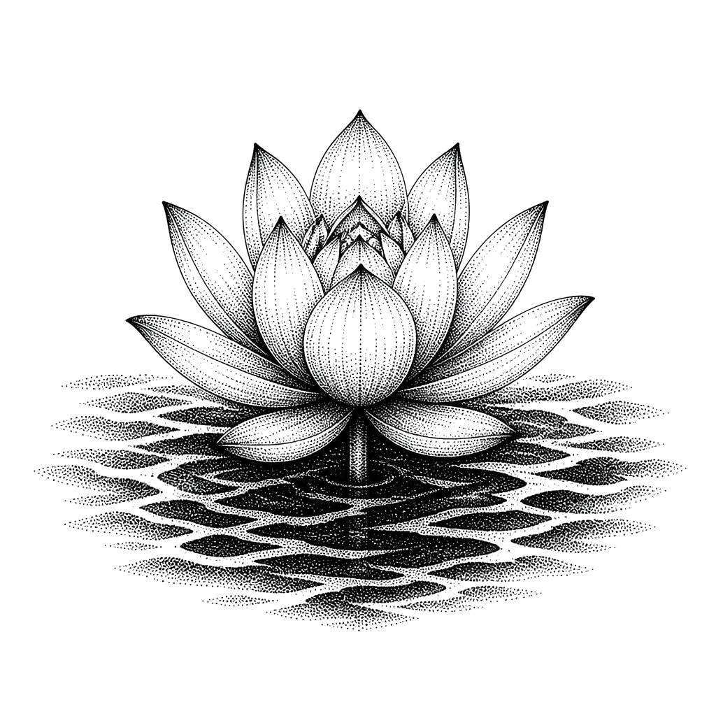 A lotus rising from stippled dark water