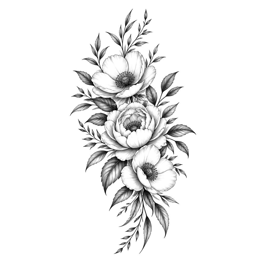 Floral design with three flowers in amongst leaves primarily on my left thigh rising slightly to my hip
